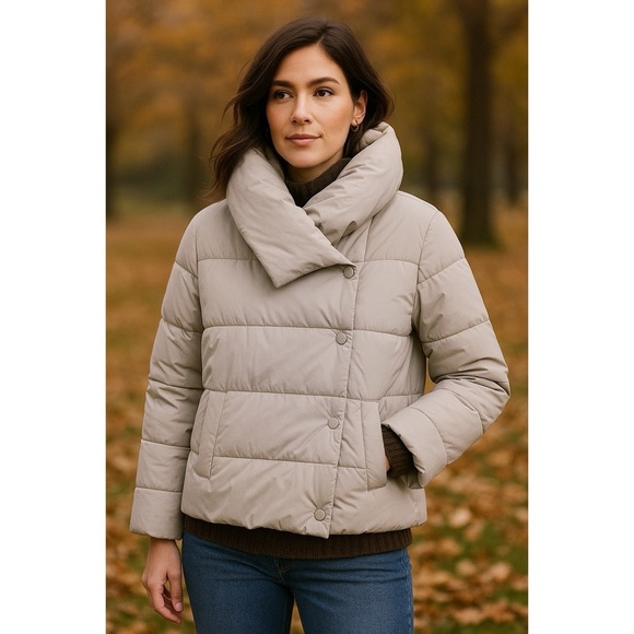 BANAN REPUBLIC | Asymmetrical Funnel Collar Short Duvet Gray Puffer Coat | Sz S - Picture 1 of 14
